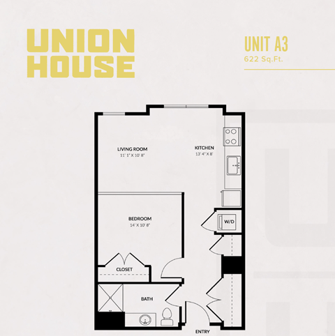 Floor plan for 1 bed, 1 bath, 622 sqft